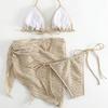 Western Style Sexy 3 Piece Bikini Set Solid Color Swimsuit with Sheer Skirt for Women Beach Vacation Wear 0879