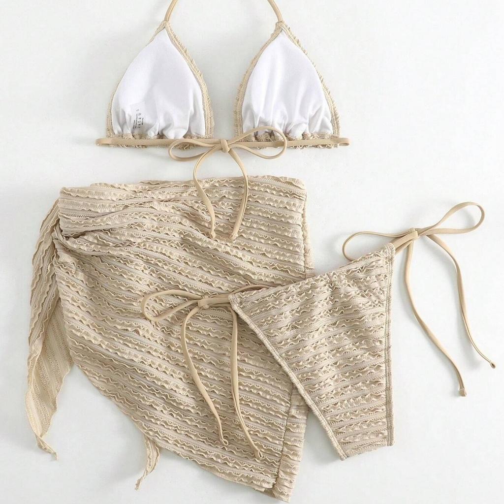 Western Style Sexy 3 Piece Bikini Set Solid Color Swimsuit with Sheer Skirt for Women Beach Vacation Wear 0879