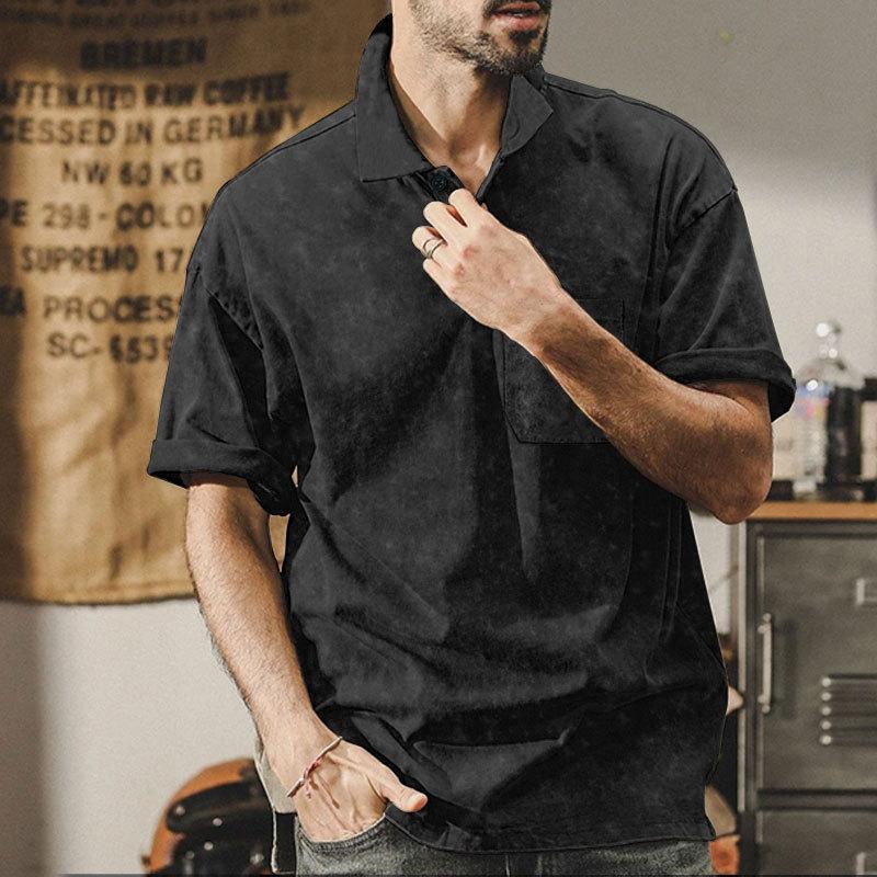 

Летняя новая мужская футболка с пуговицами на лацканах, плотная, свободного покроя, в стиле ретро, коричневого цвета, с короткими рукавами XL чёрный