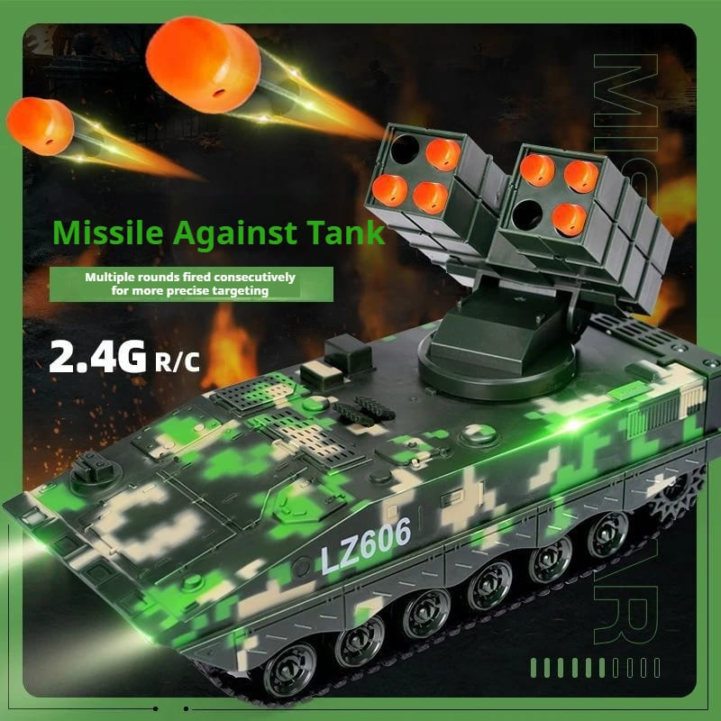 New 2.4G RC Battle Tank Military Simulation Track Missile Launcher Electronic Sound and Light Remote Control Toy Children Shooting Boys Gift