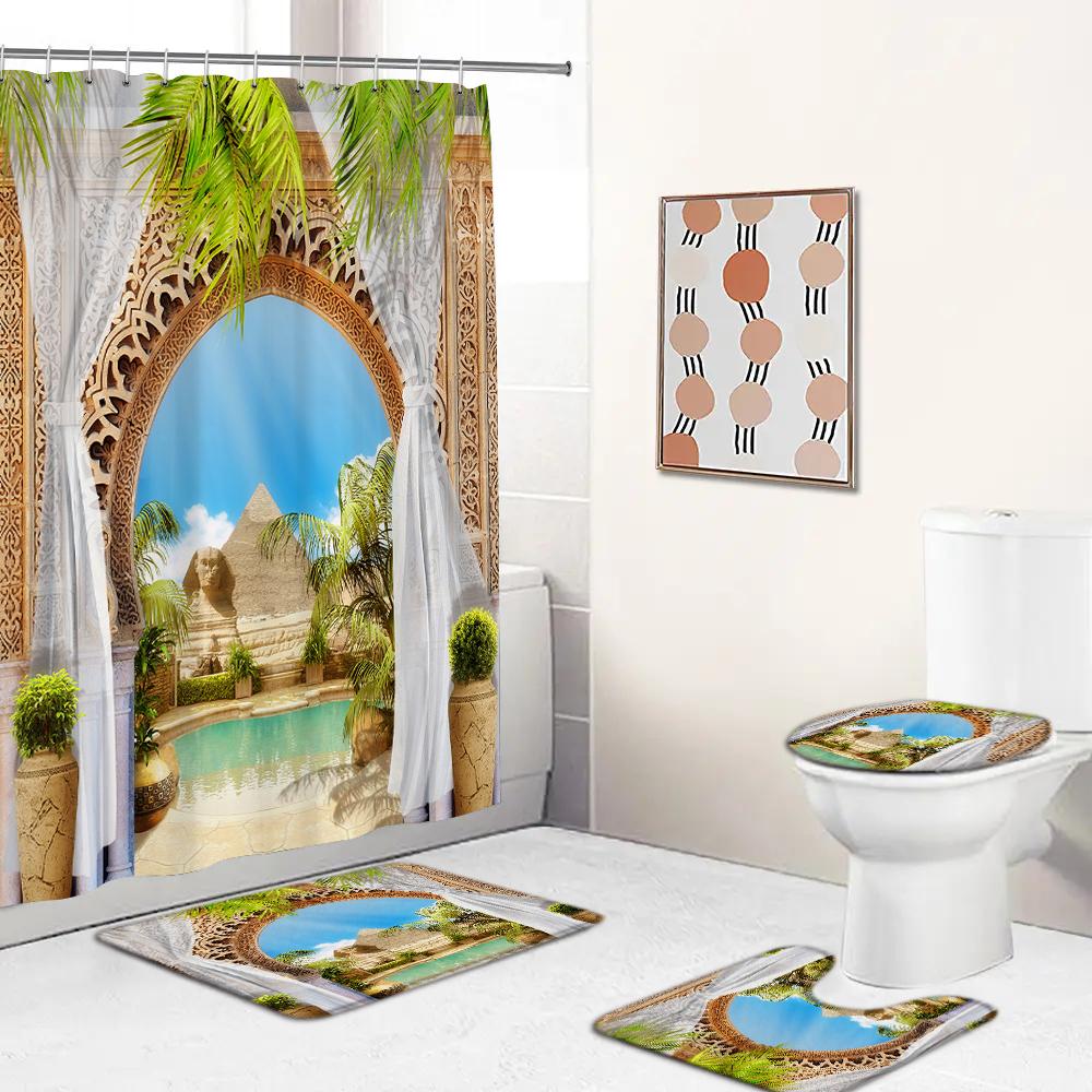 Beach Scenery Pattern Waterproof Polyester Bathroom Curtain With Hooks Anti-Slip Bath Carpet Mat Lid Toilet Cover Home Decor