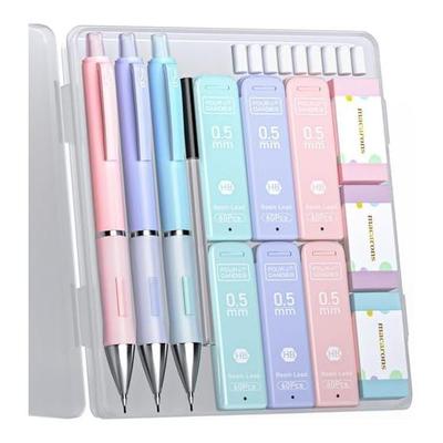 Vier Snoepjes Pastel Mechanisch Potlood Set, 0,5 mm, 3 Potloden, 360 HB Loodvullingen, Gum Meegeleverd, Makkelijk te Schrijven voor Tekenen & Schrijven, Schattige Kleuren