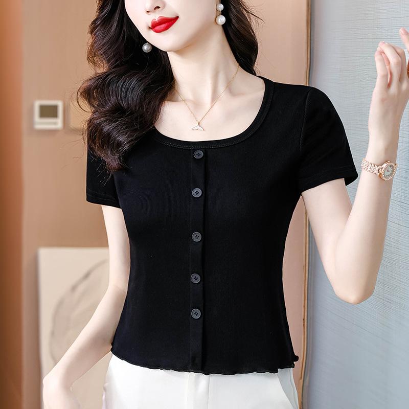 

Летний модный дизайн и омолаживающая однотонная футболка с квадратным воротником и короткими рукавами, тонкий и универсальный женский топ 3XL чёрный