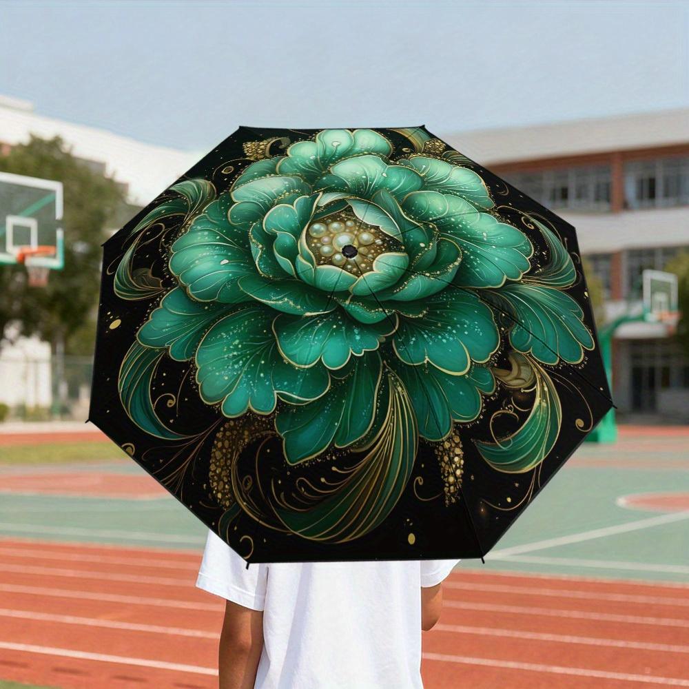 1pc Open/Close Green & Golden Chinese for Flower Umbrella, 8-Rib Reinforced Frame, Portable Folding Parasol for &, Handbag-Fri Iron&8K