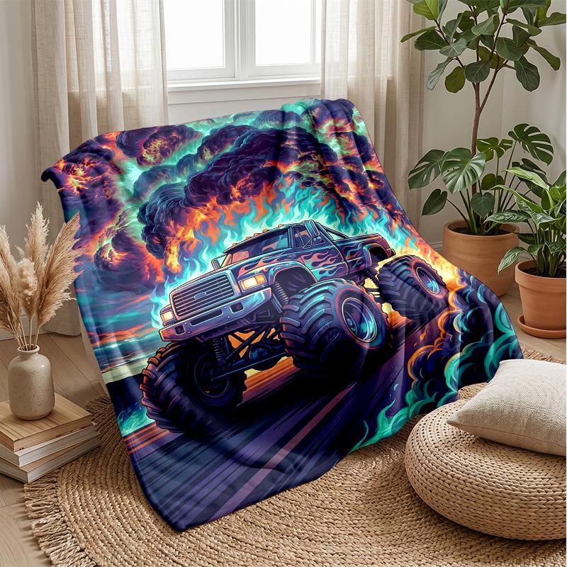Fire-Racing Monster Trucks Theme Blanket Lightweight Warm Flannel Blanket Decorative Throw Blanket for Home Decoration