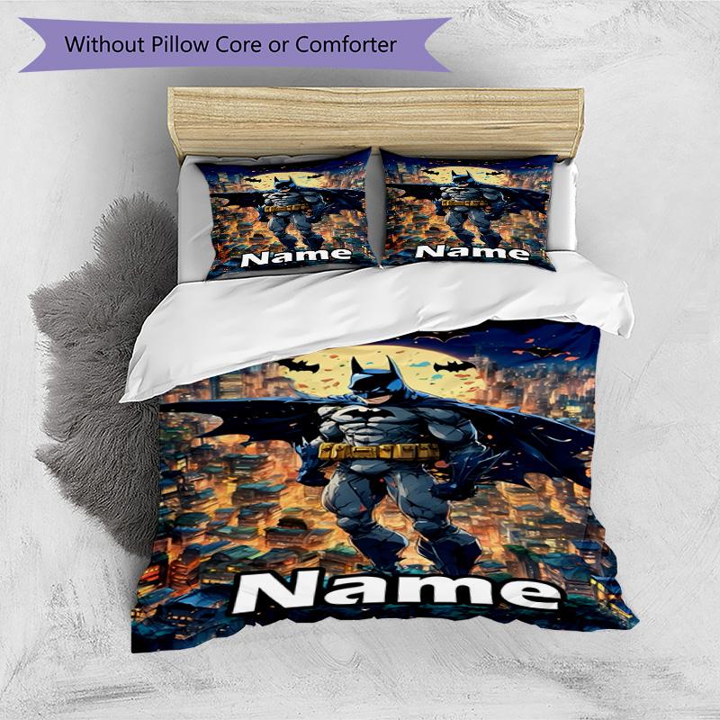 3pcs Duvet Cover Set (1*Duvet Cover + 2*Pillowcase, Without Core), Custom Name Batman Pattern Bedding Set, Home Bedroom Decor Gift