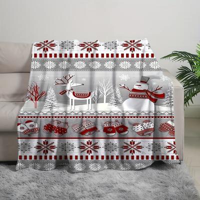 1pc Cozy Holiday Gift Idea Vintage Blanket - Reindeer and Snowman Flannel Blanket - Soft Warm for Sofa, Travel, Christmas