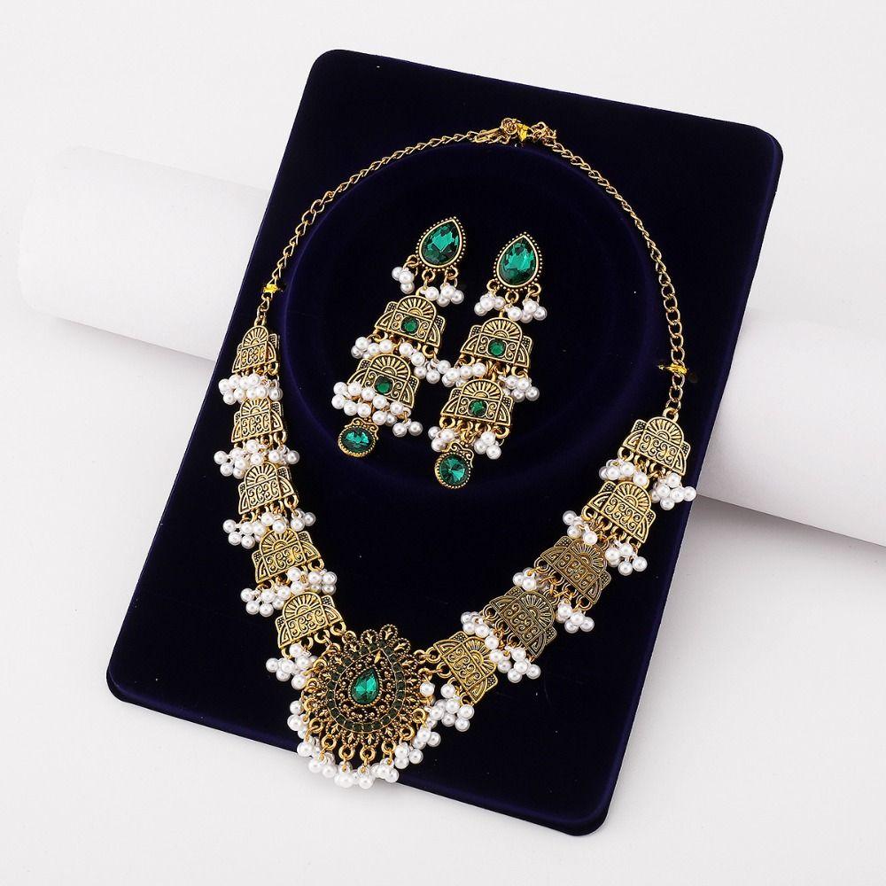 Korean Style Crystal Jewelry Set Turquoise Sparkling Necklace Sweet Rhinestone Tassel Earring  Gift