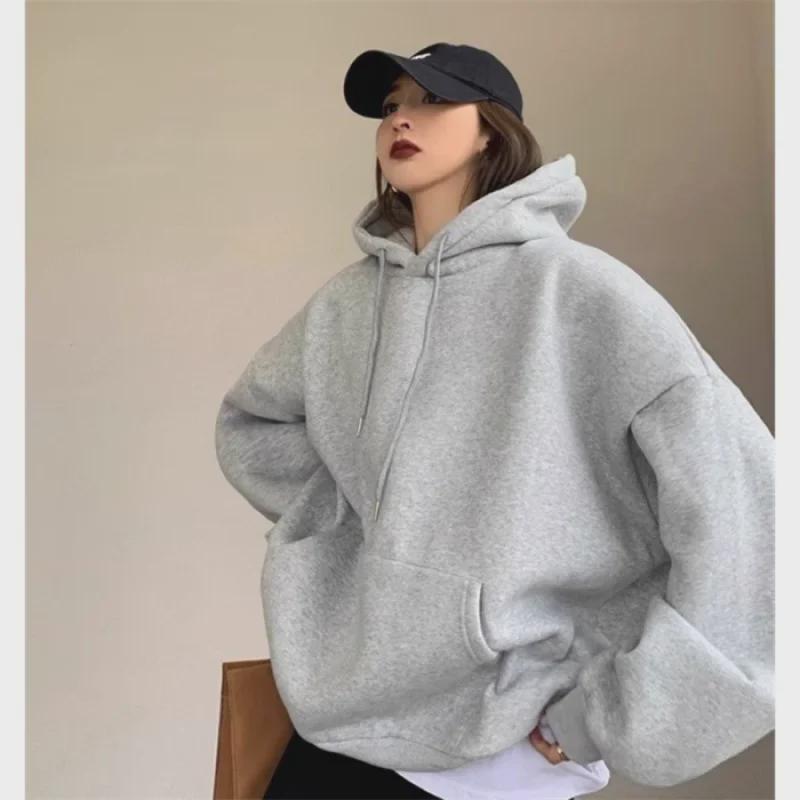 

Женская серая толстовка-пуловер с капюшоном в стиле ретро из бархата - свободный топ средней длины для весенне-осеннего тренда 2023 года 2XL (for 150-170 jin)