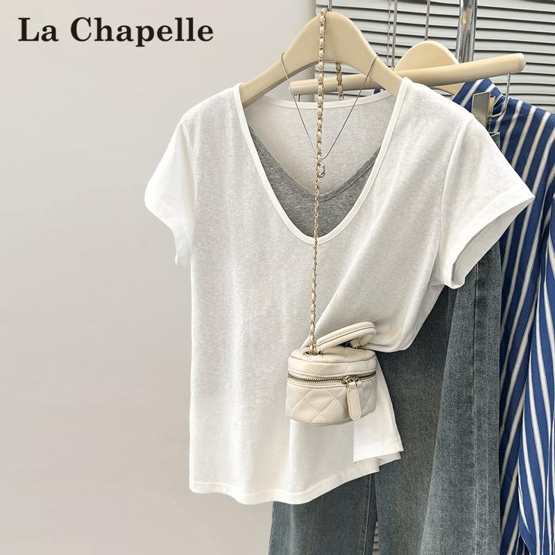 La Chapelle Faux Two-Piece Contrast V-Neck Short Sleeve T-Shirt S
