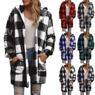 Women's Casual Plush Long Sleeve Plaid Hooded With Pocket Loose Cardigan Coat
