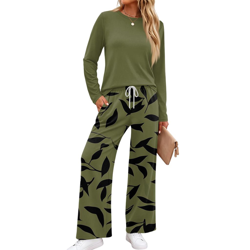Women's Casual Printed Long Sleeve Round Neck Loose Fit Pajama Set with Pockets for Home Wear