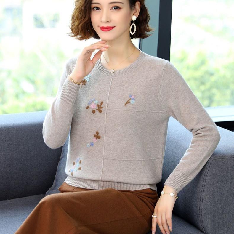 Women's Crewneck Plus Size Sweater Embroidered Loose Pullover Knitwear Stretch Knit Top Jumper Spring Autumn