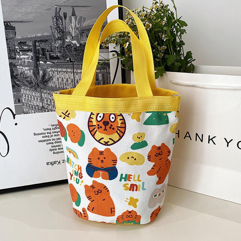 Geantă Găleată Graffiti cu Model Animal Drăguț Portabilă Geantă Cilindrică cu Inscripție Ins Geantă Canvas pentru Bento Geantă de Mână pentru Cutia de Prânz