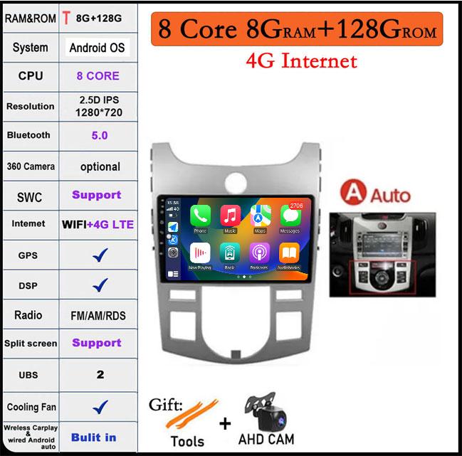 4G+WIFI Android 14 For KIA Forte Cerato 2 TD 2008 2009-2013 Car Radio Multimedia Player GPS Navigaion DSP Stereo Auto