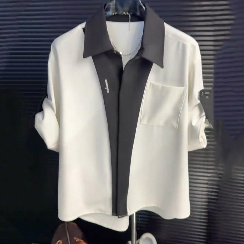 

Men Color Block Shirt Contrast Collar Button Down Chest Pocket Casual Business Shirt for Men S белый