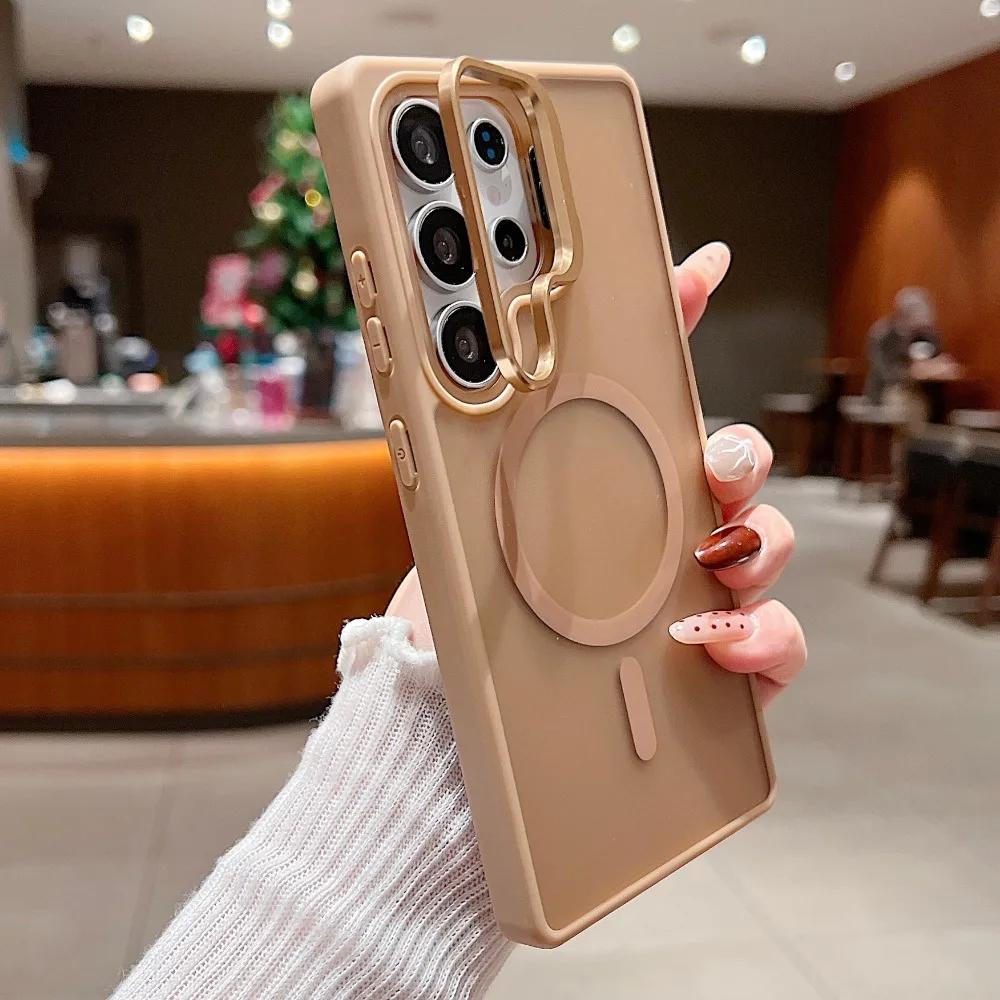 For Wireless Charging Magnetic Lens Holder Phone Case for Samsung Galaxy S24 FE S25 S23 Ultra S25 Plus + Protective Cover