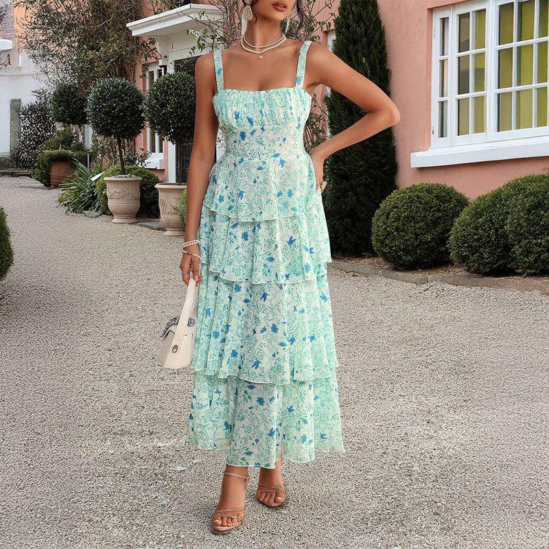 Amazon European and American Foreign Trade Women clothes 2025 Spring and Summer Temperament Mori look Floral Contrast Color Chiffon Sling Dress