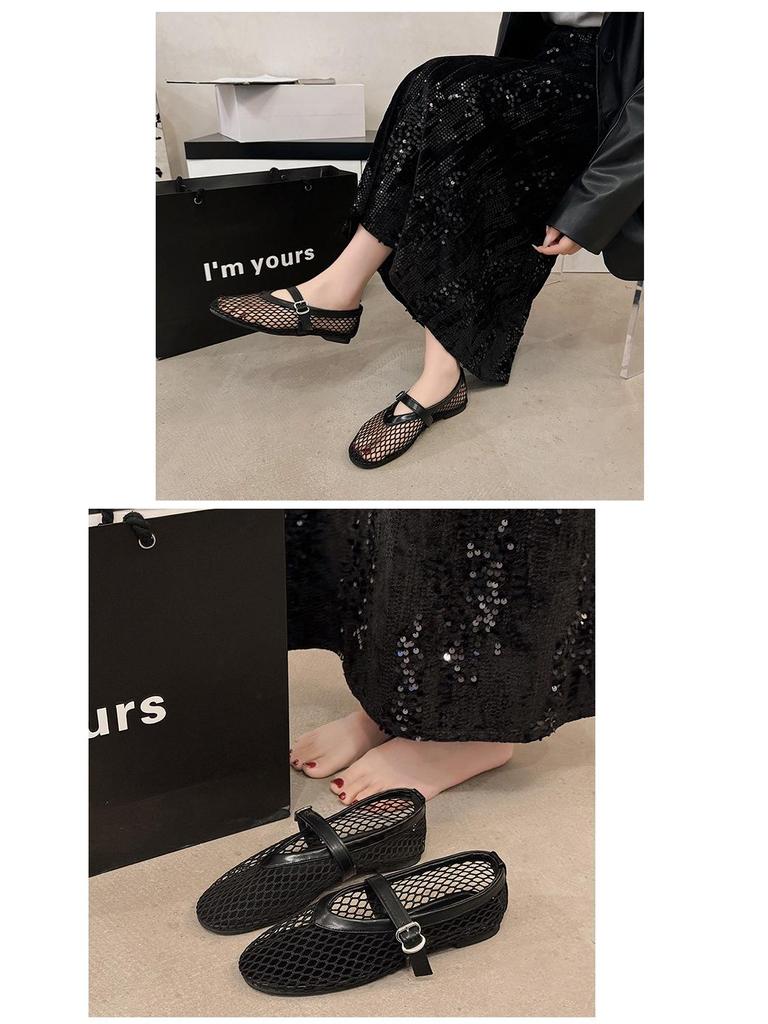 Damen Frühling Runde Zehenpartie Mesh Schnalle Mary Jane Ballerinas - Bequeme Ballett Fischernetz Schuhe