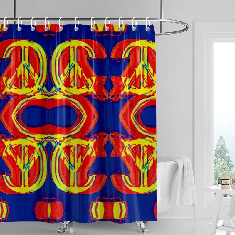 Abstract Symmetrical Shower Curtain-bright Red with Multi-color Geometric Pattern, Modern Bathroom Decoration