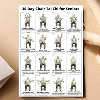 2 Peças Cadeira Tai Chi Tabela de Treino 30 Dias Iniciantes Idosos Exercício Sentado Cartaz Lona Arte de Parede Academia em Casa Decoração da Sala de Estar