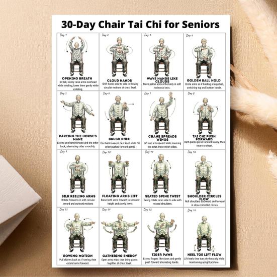 2 ks Židle Tai Chi Cvičební Tabulka 30 Dní Začátečníci Senioři Sedící Cvičení Plakát Plátno Nástěnné Umění Domácí Posilovna Obývací Pokoj