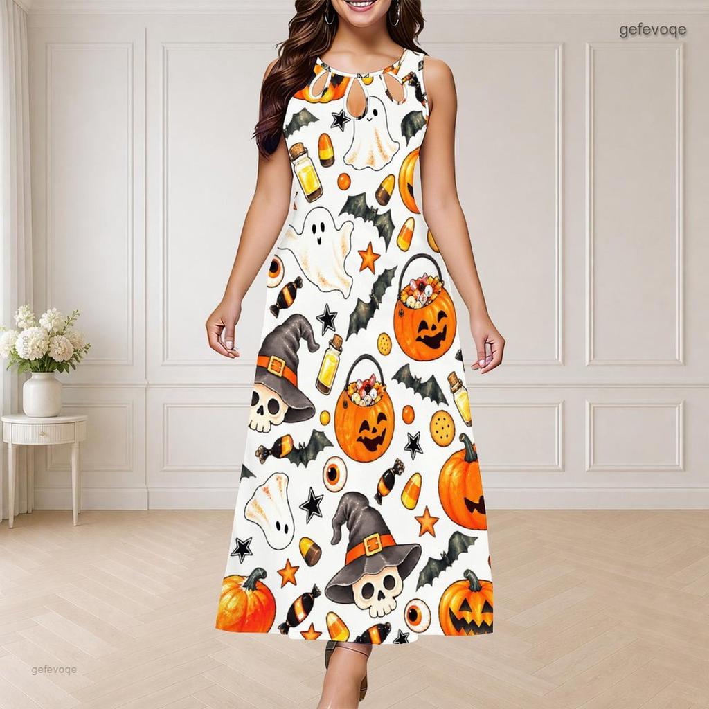 Women Plus Size Round Neck Triple Keyhole Sleeveless Cartoon Ghost Duck Printed Long Dress