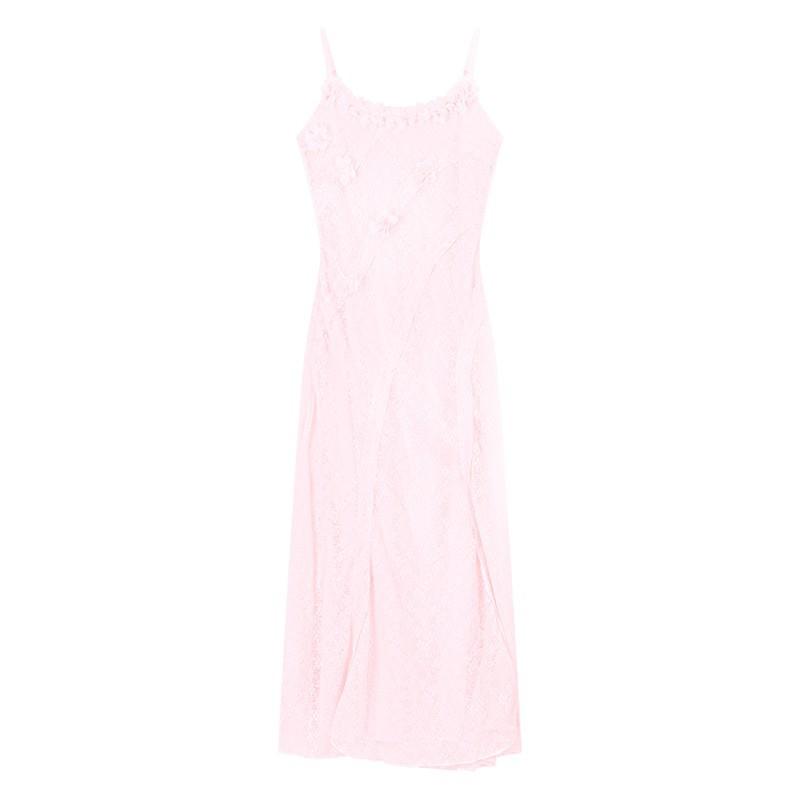 Vacation-Style French Design Pink Three-Dimensional Floral Strap Dress For Women, New Summer Waist-Cinching Slimming Long Dress