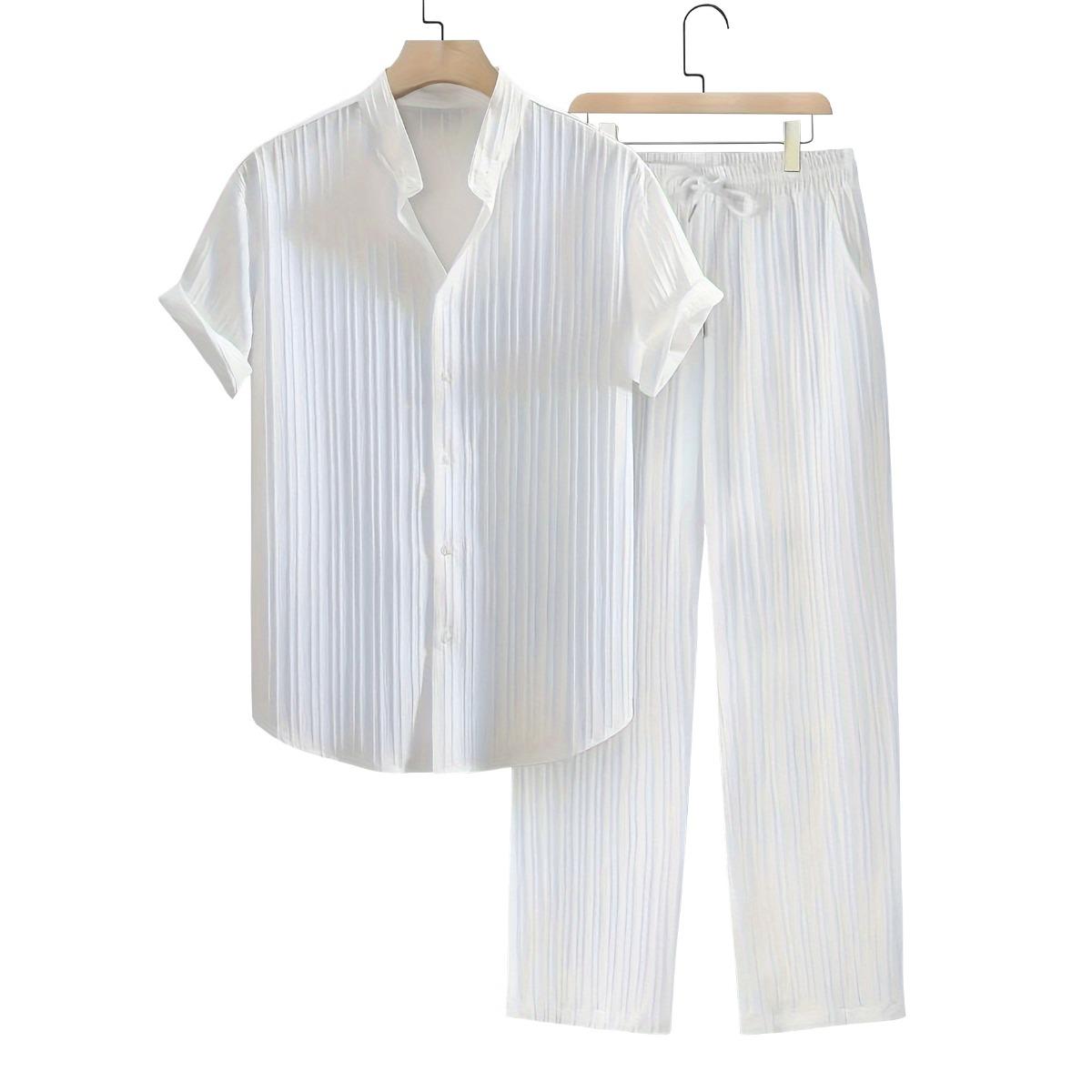 

Leisure Set 2-piece Short Sleeve Stand Up Collar Shirt+Strap Straight Pants Suitable for Vacation Beach Outdoor Leisure Party S білий