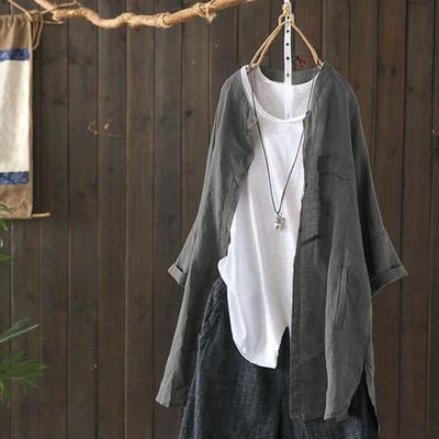 2024 Summer Retro Cotton-Linen Round Neck Long-Sleeve Shirt Windbreaker