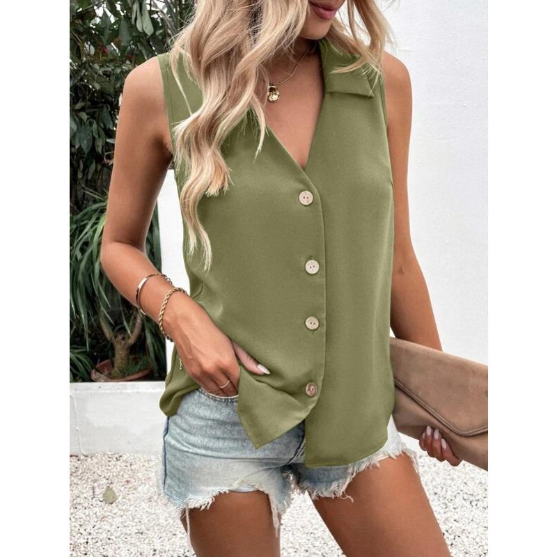 Women Lapel Collar Sleeveless Single Breasted Button Down Solid Loose Casual Chiffon Vest Blouse