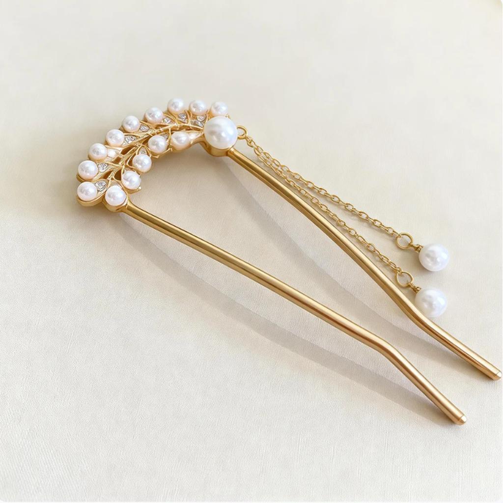Vintage Pearl Tassel Hairpin for Women, Gold Plated Wheat Leaf Hair Stick, Elegant Chinese Style Hair Accessory for Hanfu & Daily Wear