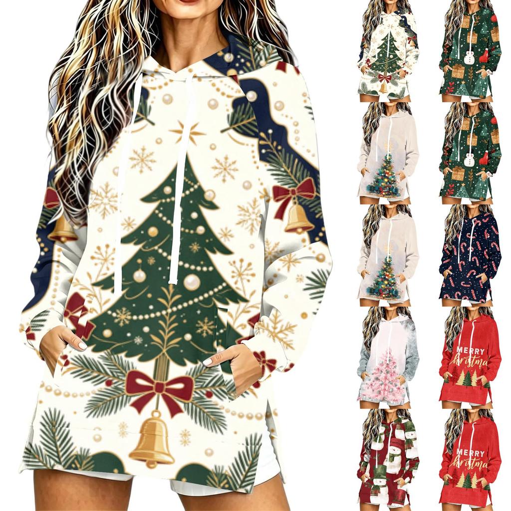 Women's Christmas Print Long Sleeve Hooded Sweatshirt with Festive Holiday Design