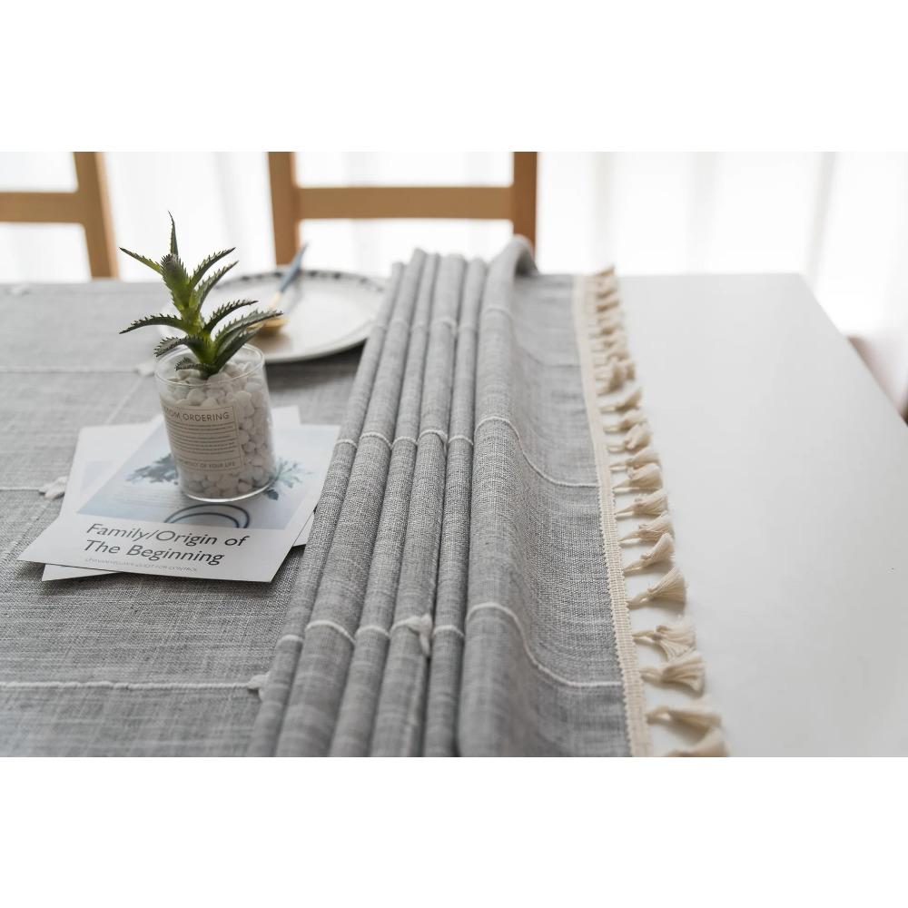 Linen Cotton Embroidery Lattice Tablecloth,Rectangular Dustproof Tassels Table Cover,for Kitchen Dinning Coffee Table Decoration