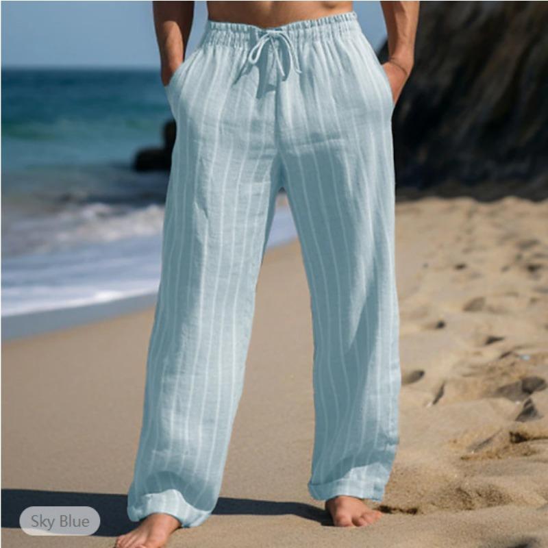 Men Vertical Stripe Linen Pants Drawstring Waist Loose Beach Jogger Trousers with Pockets