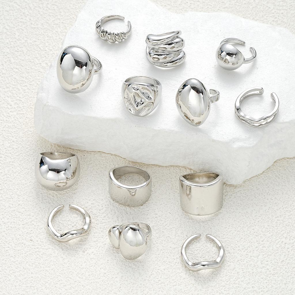 13 Pcs Punk Smooth Open Ring Set Fashion Silver Color Smooth Geometric Adjustable Metal Rings Women's Aesthetics Party Jewelry