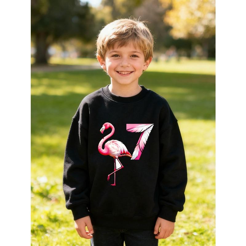 Casual Unisex Sweatshirt for Kids Featuring a Flamingo And The Number Seven, Available in Black, White, And Pink