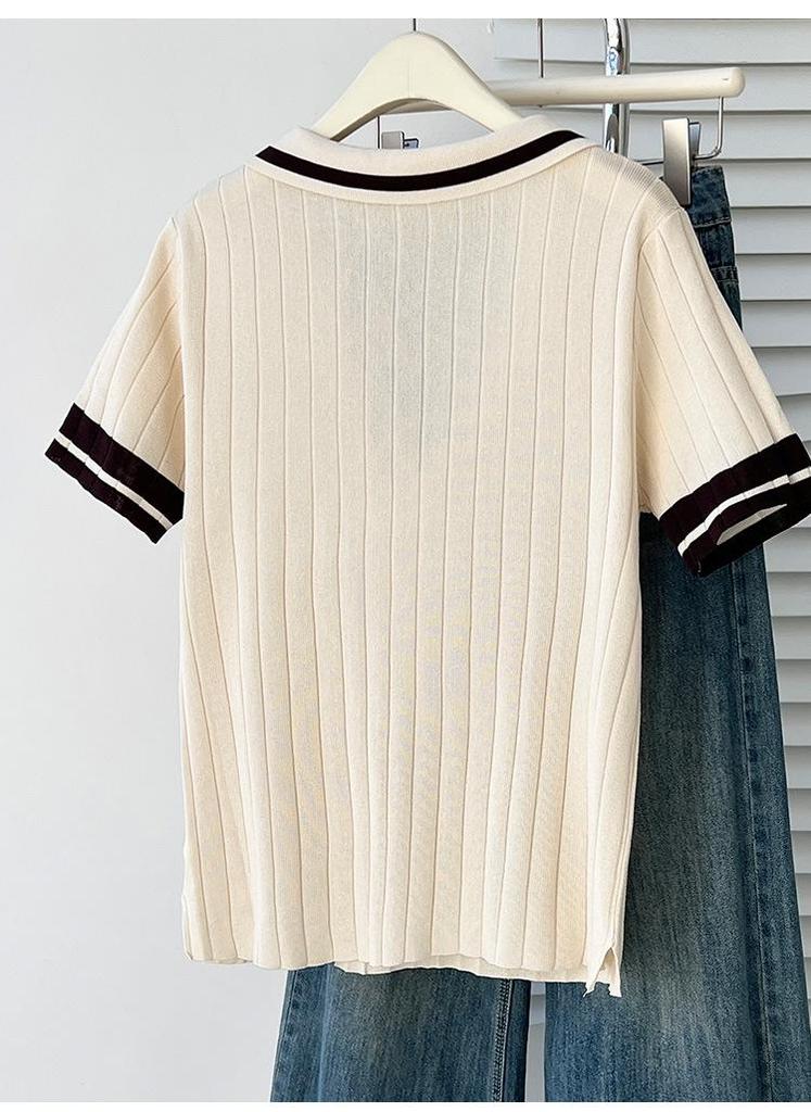 2026 Plus Size Women's Color Block Polo Collar Ice Silk Knit Short Sleeve Top