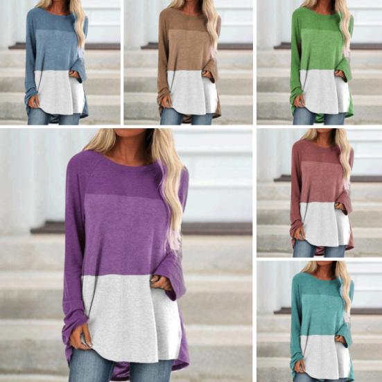 

Женская блузка с длинным рукавом с круглым вырезом и цветными блоками, асимметричный подол, рубашка, топ