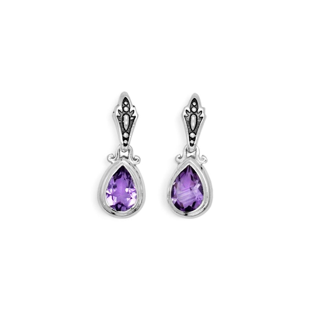 Amethyst Drop Earrings: Dainty 925 Sterling Silver, Oxidized Finish