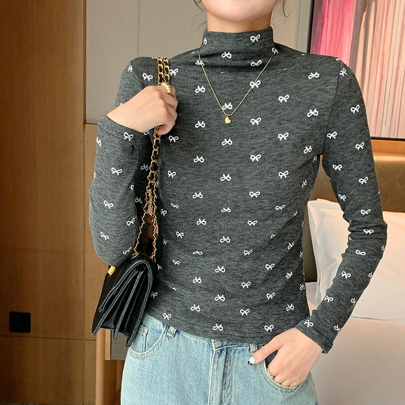 

Женский облегающий топ с полувысоким воротником в западном стиле, с цветочным принтом и бантом, с длинным рукавом XXL 65-75kg темно-серого