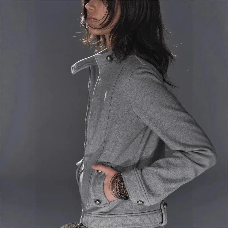 TrendHub American Retro Grey Stand Collar Solid Jacket Metal Buckle Slim Fit Hoodie Unisex