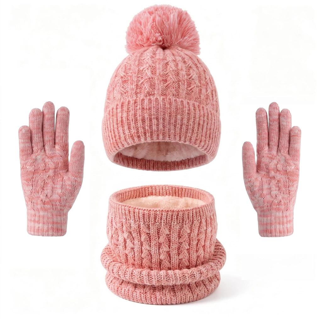 Kids Winter Warm Knitted Set Pom‑pom Hat Scarf Gloves 3‑Pcs Set Or Single Beanie Hat Windproof Ear Protection For Boys Girls Cold Weather Outdoor