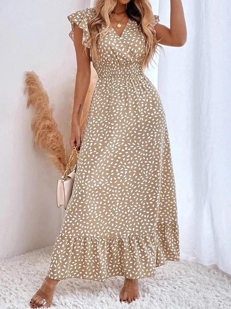 

Шифоновые длинные платья, женские летние платья без рукавов с v-образным вырезом в горошек, пляжный сарафан в стиле бохо, повседневные элегантные платья трапециевидной формы XL светло-коричневого