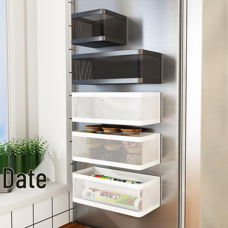 

Magnetic Kitchen Storage Rack for Refrigerator - No-Drill Side Organizer with Wrap, Bag, and Spice Holders. White Small