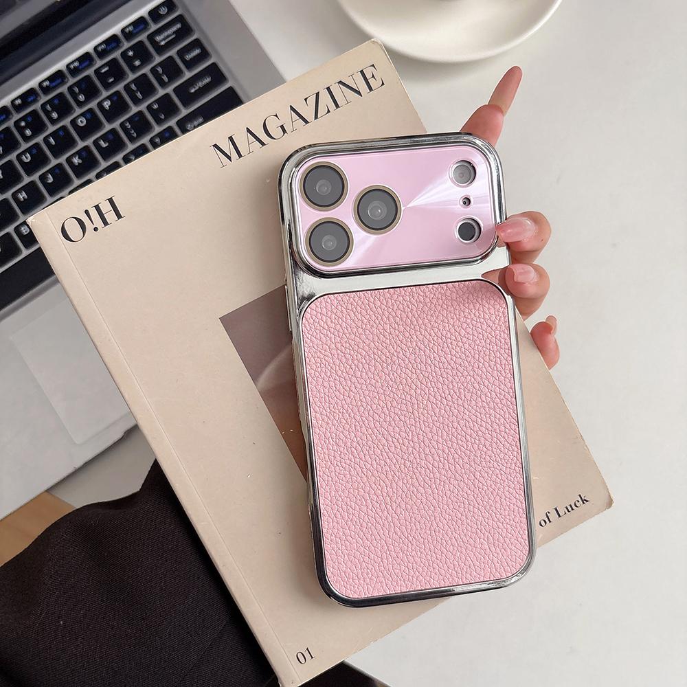 CD Patterned Lens With Lychee Skin Case for iPhone 17 16 15 14 Pro Max Bumper Shockproof Pattern Side Large Viewing Window Cover