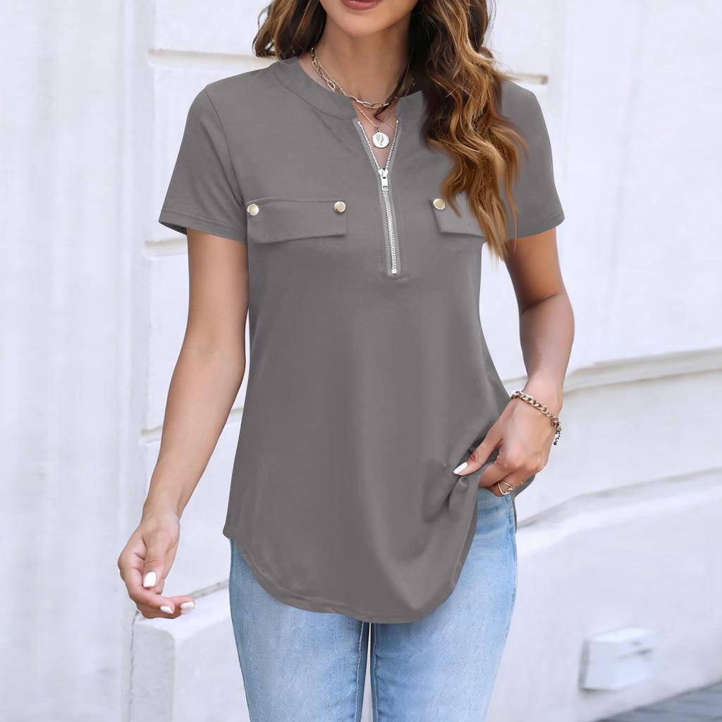 Damen Casual Top mit kurzen Ärmeln, Reißverschluss vorne, Umlegekragen und dekorativen Pattentaschen für den Alltag