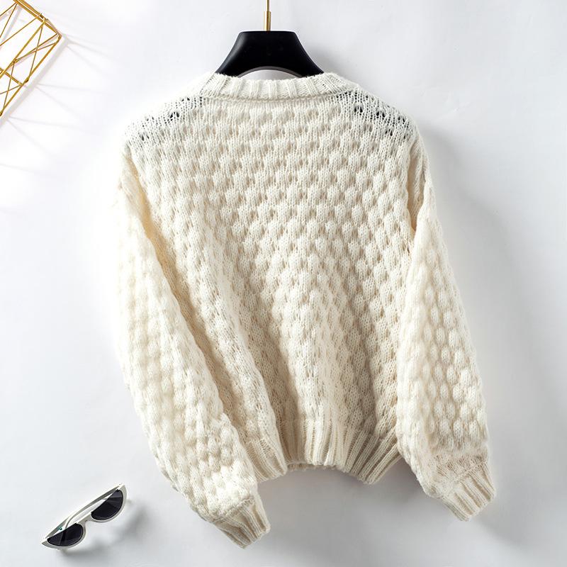 Women's Solid Color Sweater Autumn and Winter Loose Round Neck Twist Puff Sleeve Knit Sweater