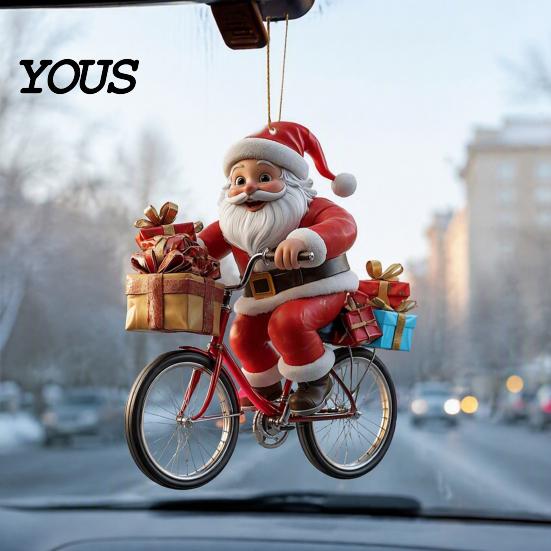 Small Festive Gift for Family 2Pcs Christmas Santa Riding Bicycle Acrylic Hanging Ornament, Car Exquisite Holiday Party Favors Interior Rearview