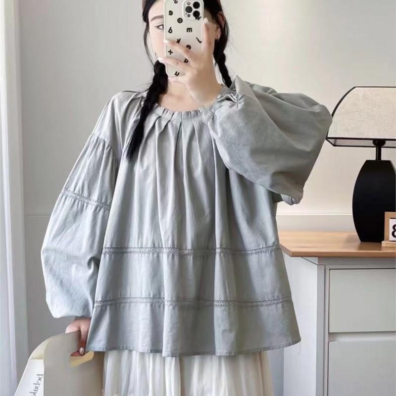 Johnature Dámský top s kulatým výstřihem Jarní výřezy Šití Volný Japonský Les Nařasené Dlouhý rukáv